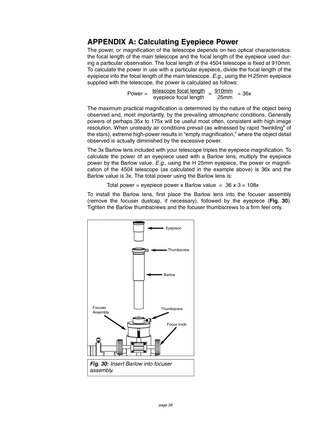 Meade 4504 instruction manual Appendix a Calculating Eyepiece Power, Insert Barlow into focuser assembly 