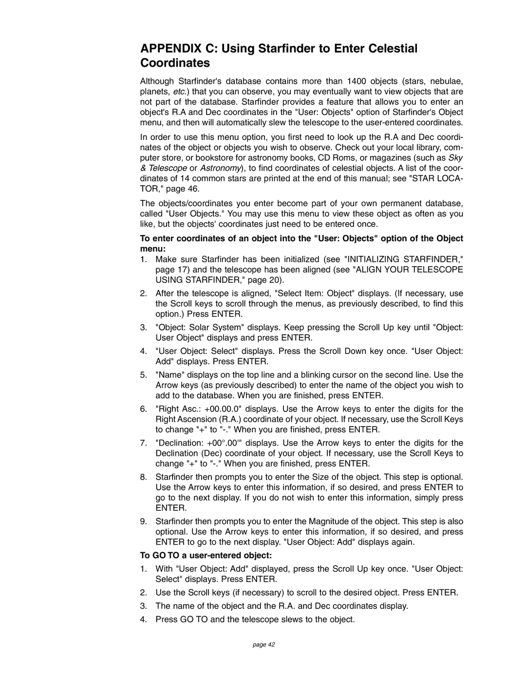 Meade 4504 instruction manual Appendix C Using Starfinder to Enter Celestial Coordinates, To GO to a user-entered object 