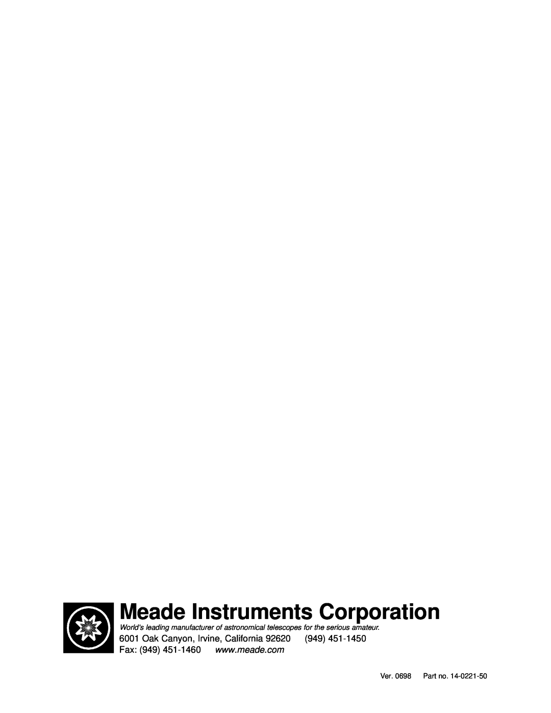 Meade 50 AZ-T instruction manual Meade Instruments Corporation, Ver. 0698 Part no 