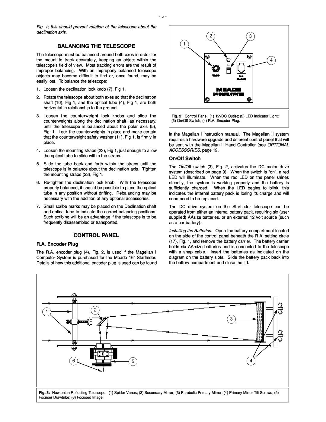 Meade 50 AZ-T instruction manual Balancing The Telescope, Control Panel, R.A. Encoder Plug, On/Off Switch 