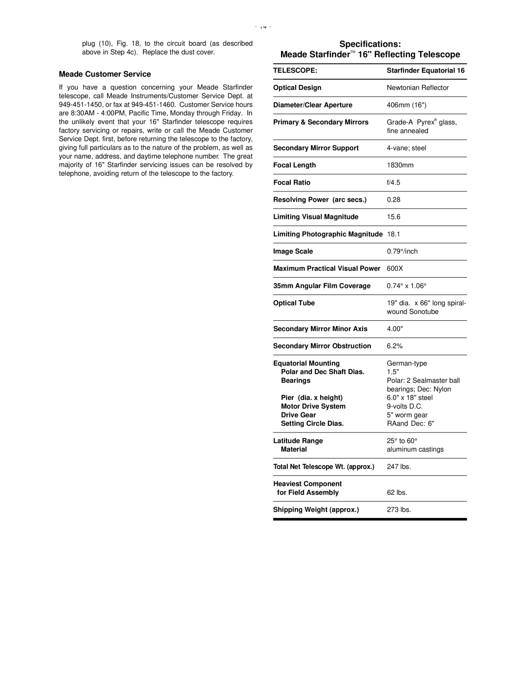 Meade 50 AZ-T instruction manual Specifications Meade StarfinderTM 16 Reflecting Telescope, Meade Customer Service 