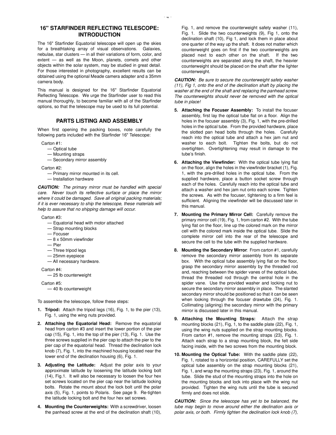 Meade 50 AZ-T instruction manual Starfinder Reflecting Telescope Introduction, Parts Listing and Assembly 