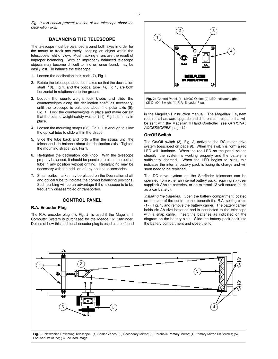 Meade 50 AZ-T instruction manual Balancing the Telescope, Control Panel, Encoder Plug, On/Off Switch 