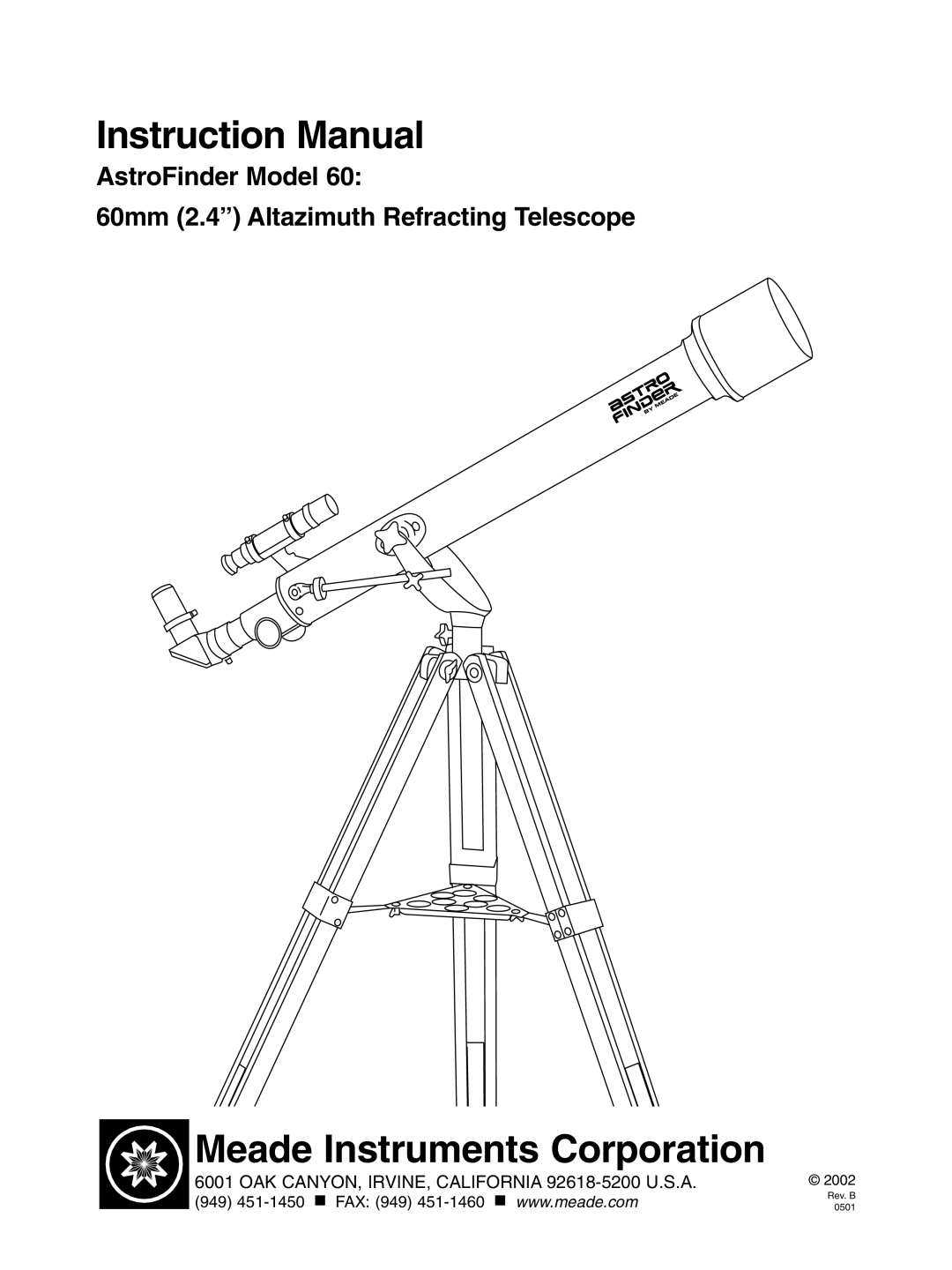 Meade instruction manual Meade Instruments Corporation, AstroFinder Model, 60mm 2.4” Altazimuth Refracting Telescope 