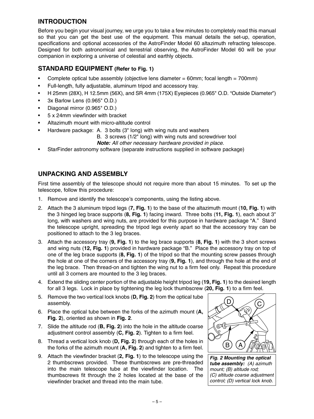 Meade 60 instruction manual Introduction, Unpacking and Assembly 