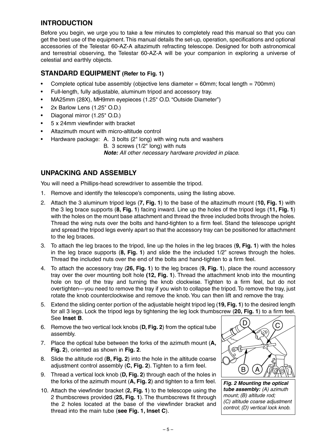 Meade 60AZ-A instruction manual Introduction, Unpacking and Assembly 