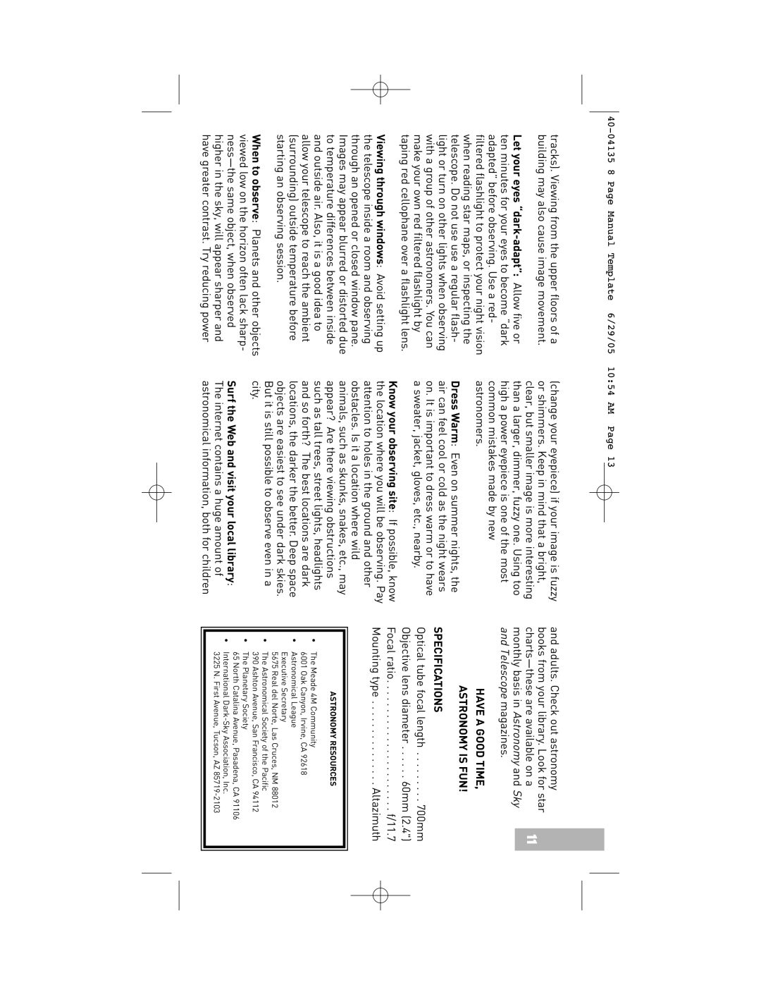 Meade 60AZ-A2 instruction manual Have a Good Time Astronomy is FUN Specifications, Astronomy Resources 