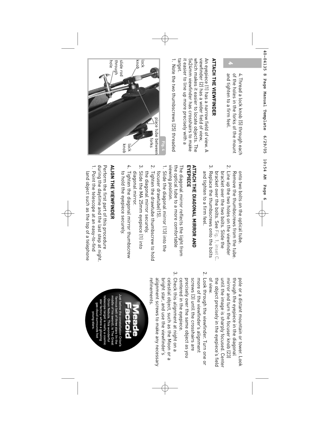 Meade 60AZ-A2 instruction manual Attach the Viewfinder, Attach the Diagonal Mirror and Eyepiece, Align the Viewfinder 