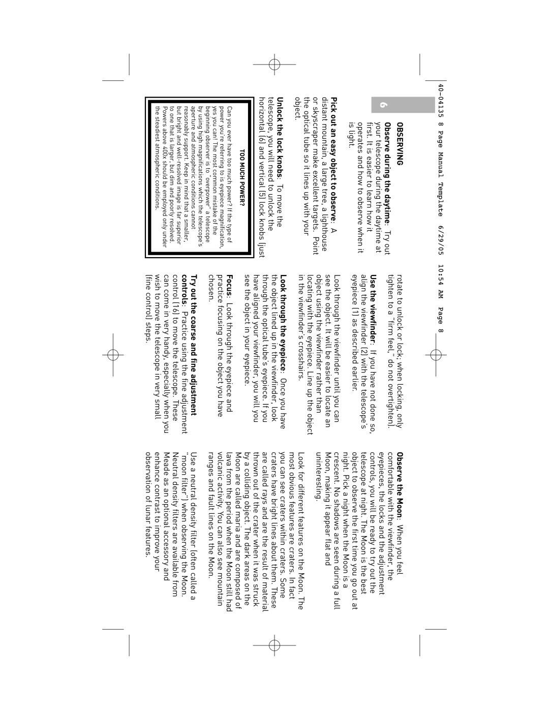 Meade 60AZ-A2 instruction manual Observing, TOO Much POWER? 