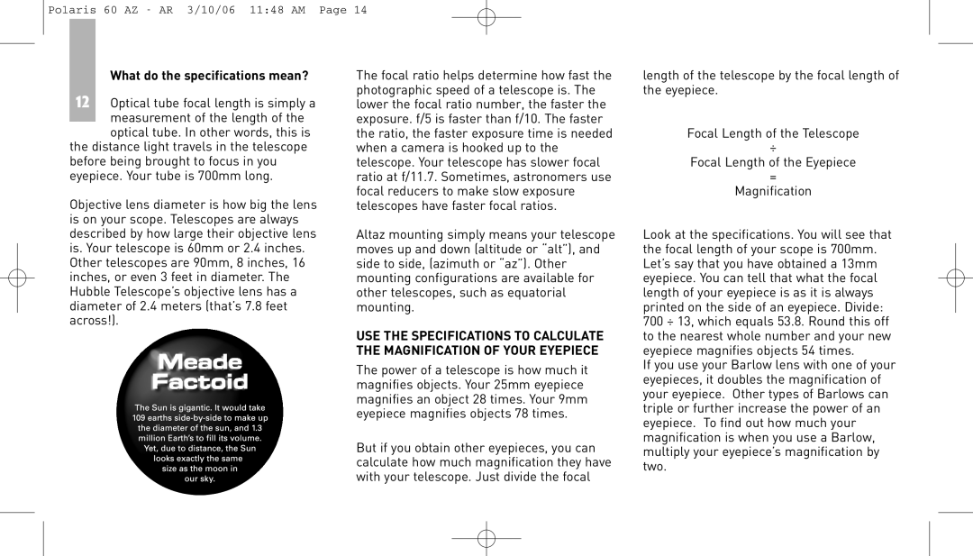 Meade 60AZ-AR instruction manual Polaris 60 AZ - AR 3/10/06 1148 AM Page 