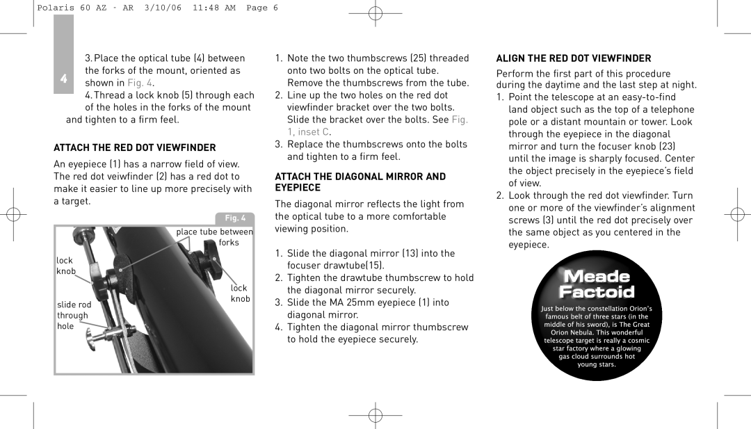 Meade 60AZ-AR instruction manual Polaris 60 AZ - AR 3/10/06 1148 AM Page 