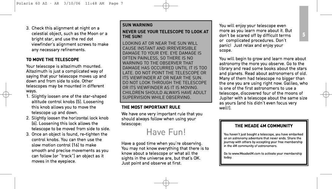 Meade 60AZ-AR instruction manual Polaris 60 AZ - AR 3/10/06 1148 AM Page 