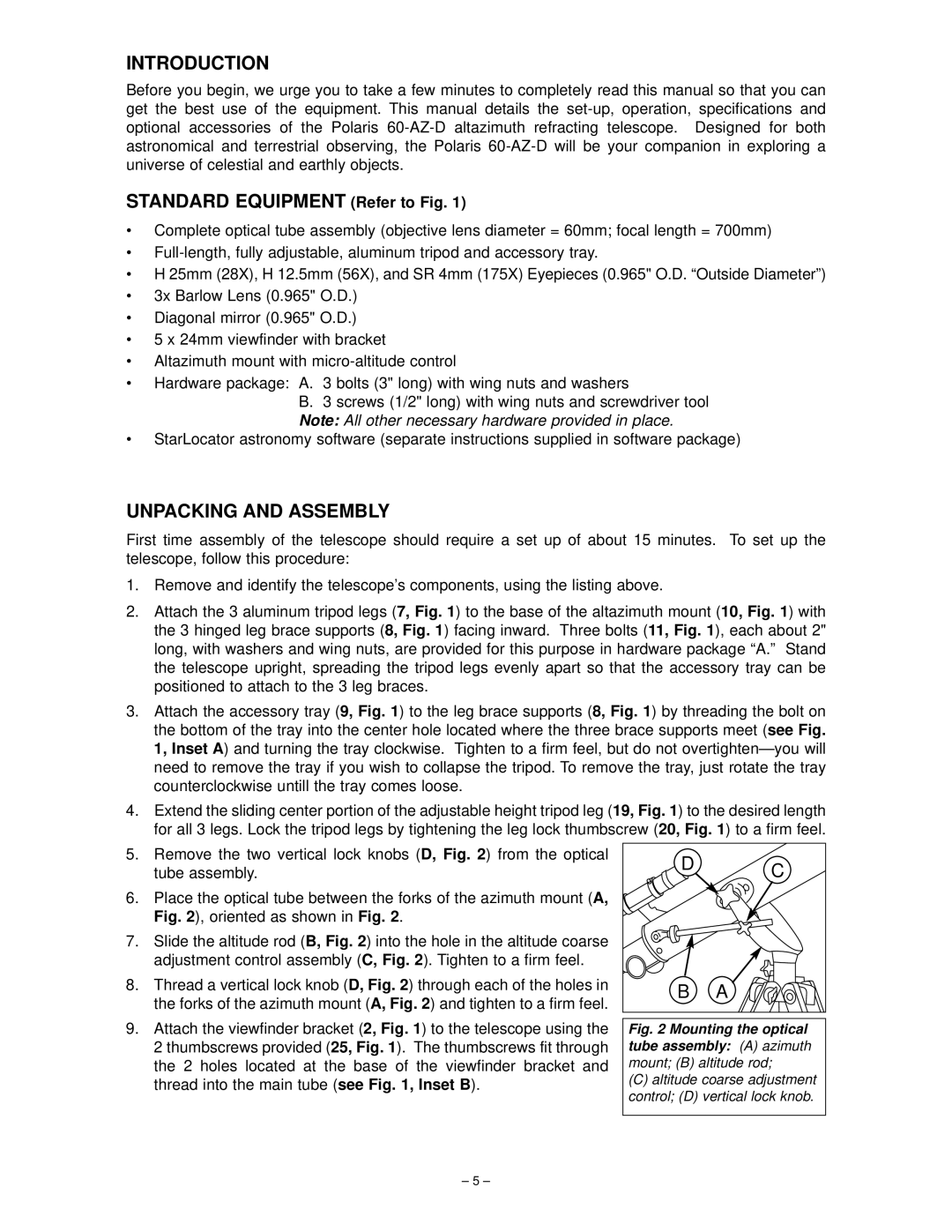 Meade 60AZ-D instruction manual Introduction, Unpacking and Assembly 