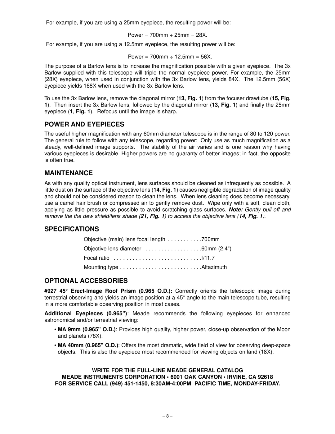 Meade 60AZ-D instruction manual Power and Eyepieces, Maintenance, Specifications, Optional Accessories 