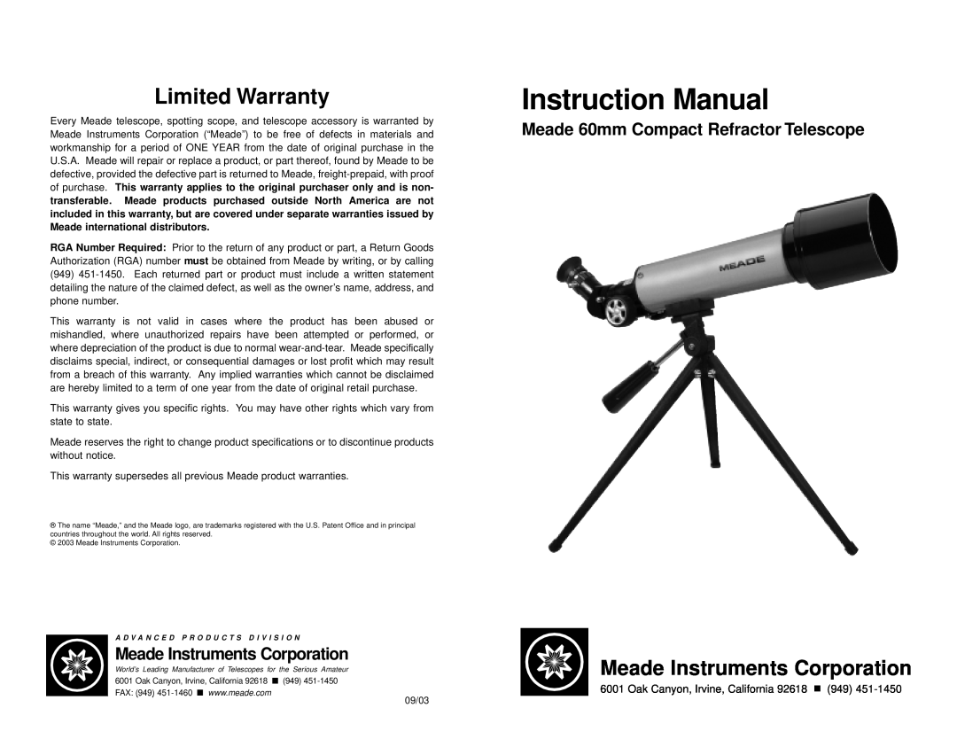 Meade 60AZ-T instruction manual Meade 60mm Compact Refractor Telescope, Limited Warranty, Meade Instruments Corporation 