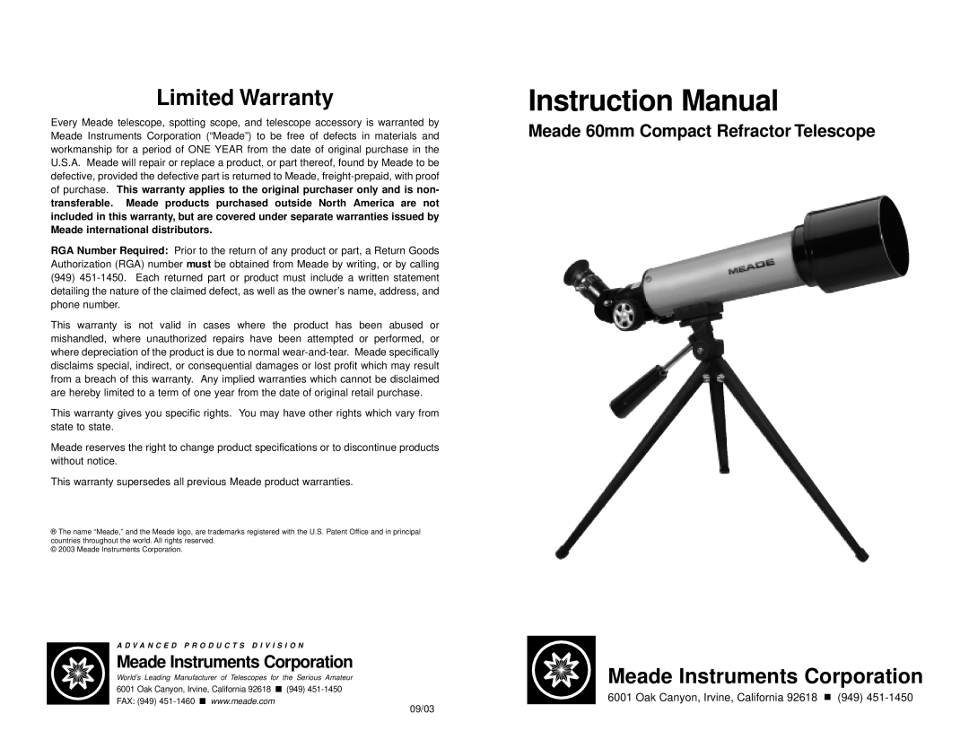 Meade 60AZ-T instruction manual Limited Warranty 