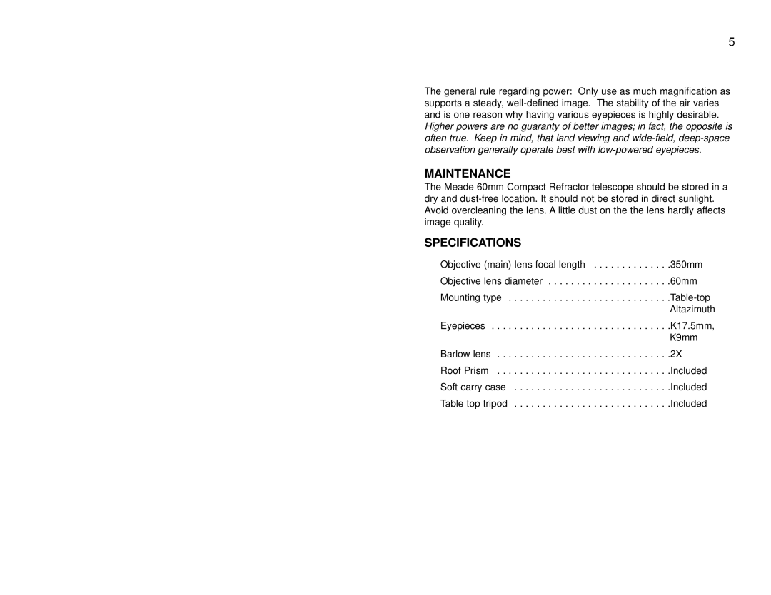 Meade 60AZ-T instruction manual Maintenance, Specifications 