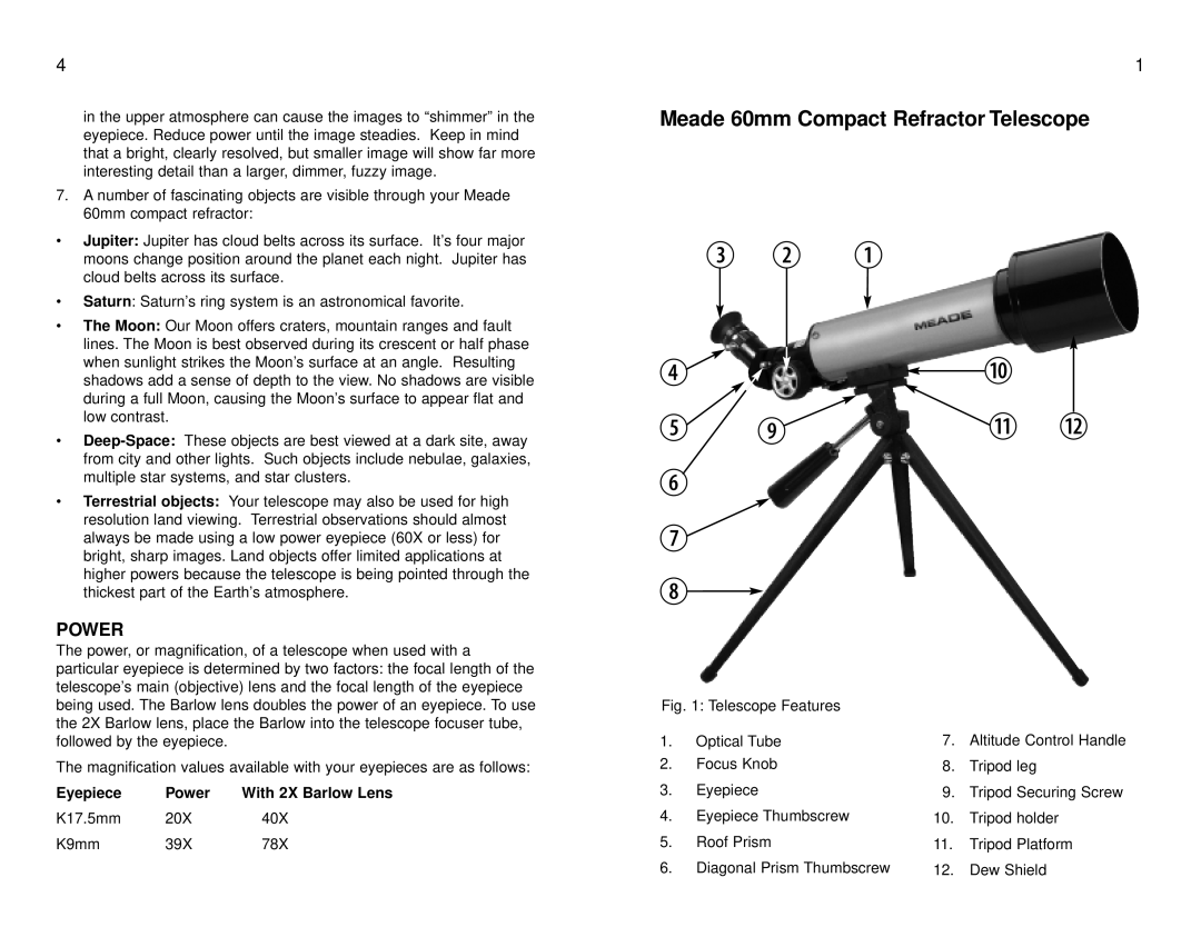 Meade 60AZ-T instruction manual 1! 1@ g, Power 