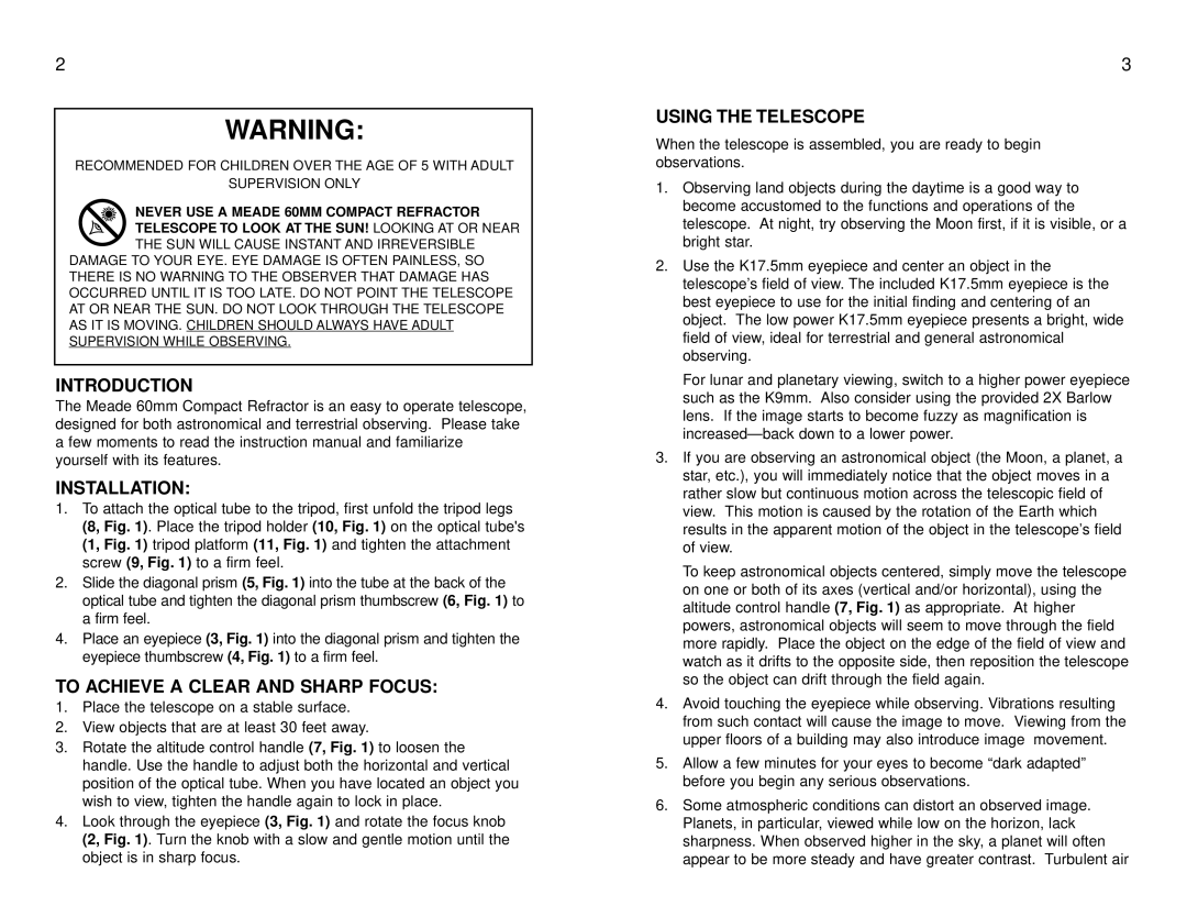 Meade 60AZ-T instruction manual Introduction Installation, To Achieve a Clear and Sharp Focus, Using the Telescope 