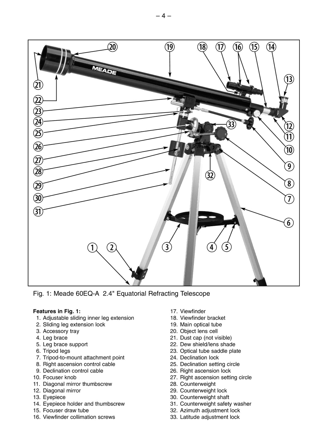 Meade instruction manual Meade 60EQ-A 2.4 Equatorial Refracting Telescope, Features in Fig 