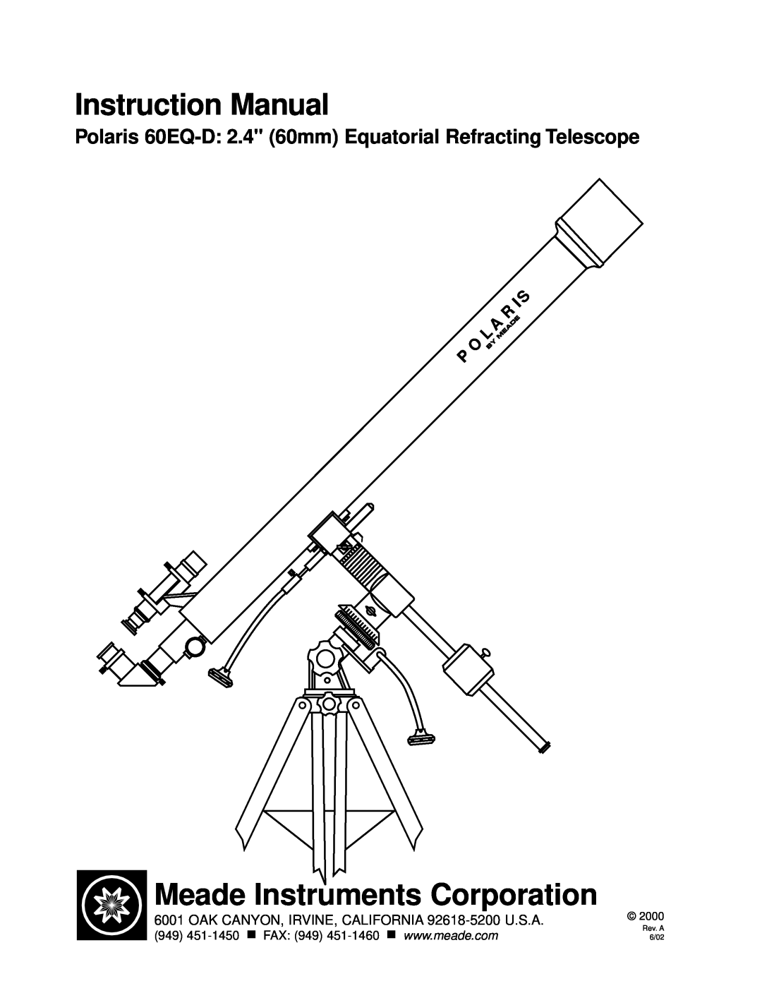 Meade 60EQ-D instruction manual Meade Instruments Corporation, 2000, Rev. A, 6/02 