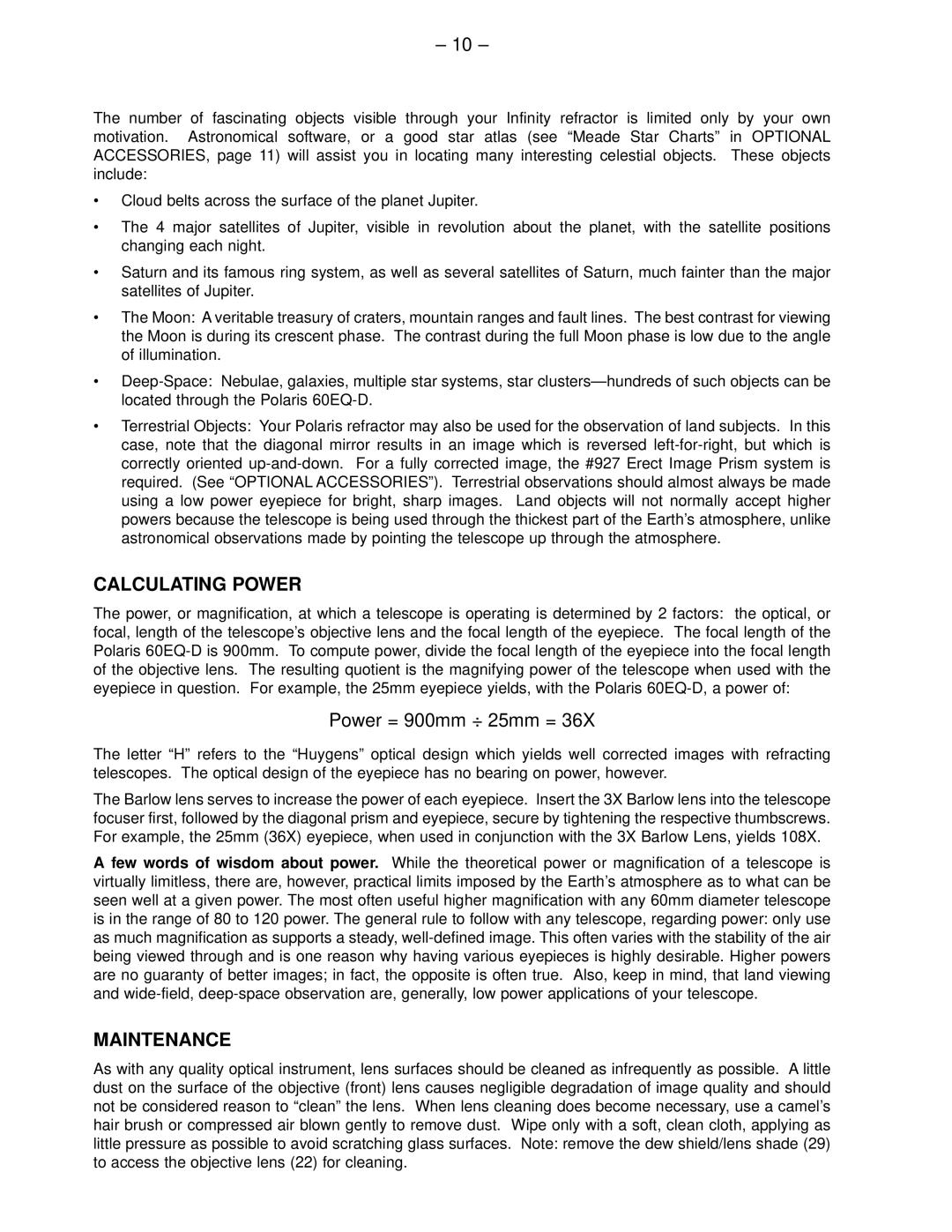 Meade 60EQ-D instruction manual Calculating Power, Maintenance 