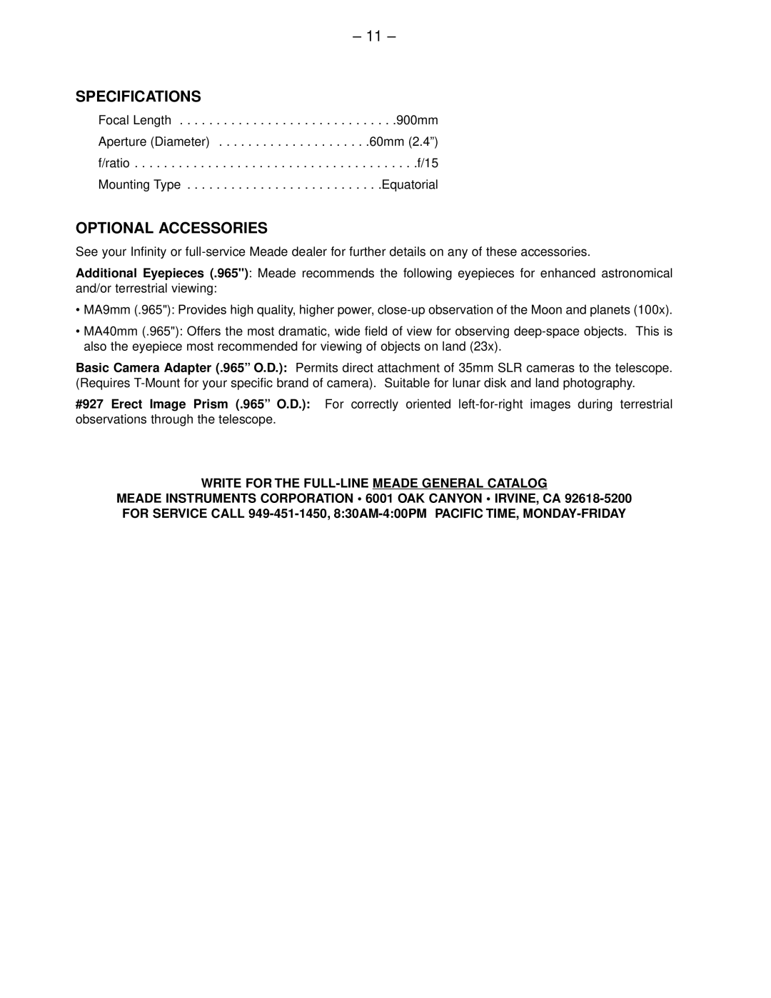 Meade 60EQ-D instruction manual Specifications, Optional Accessories 