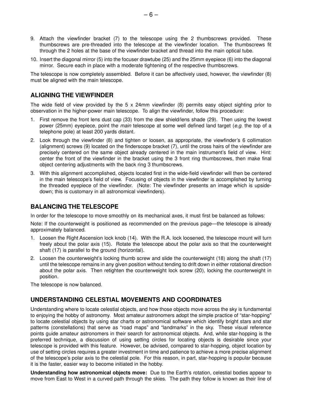 Meade 60EQ-D Aligning the Viewfinder, Balancing the Telescope, Understanding Celestial Movements and Coordinates 