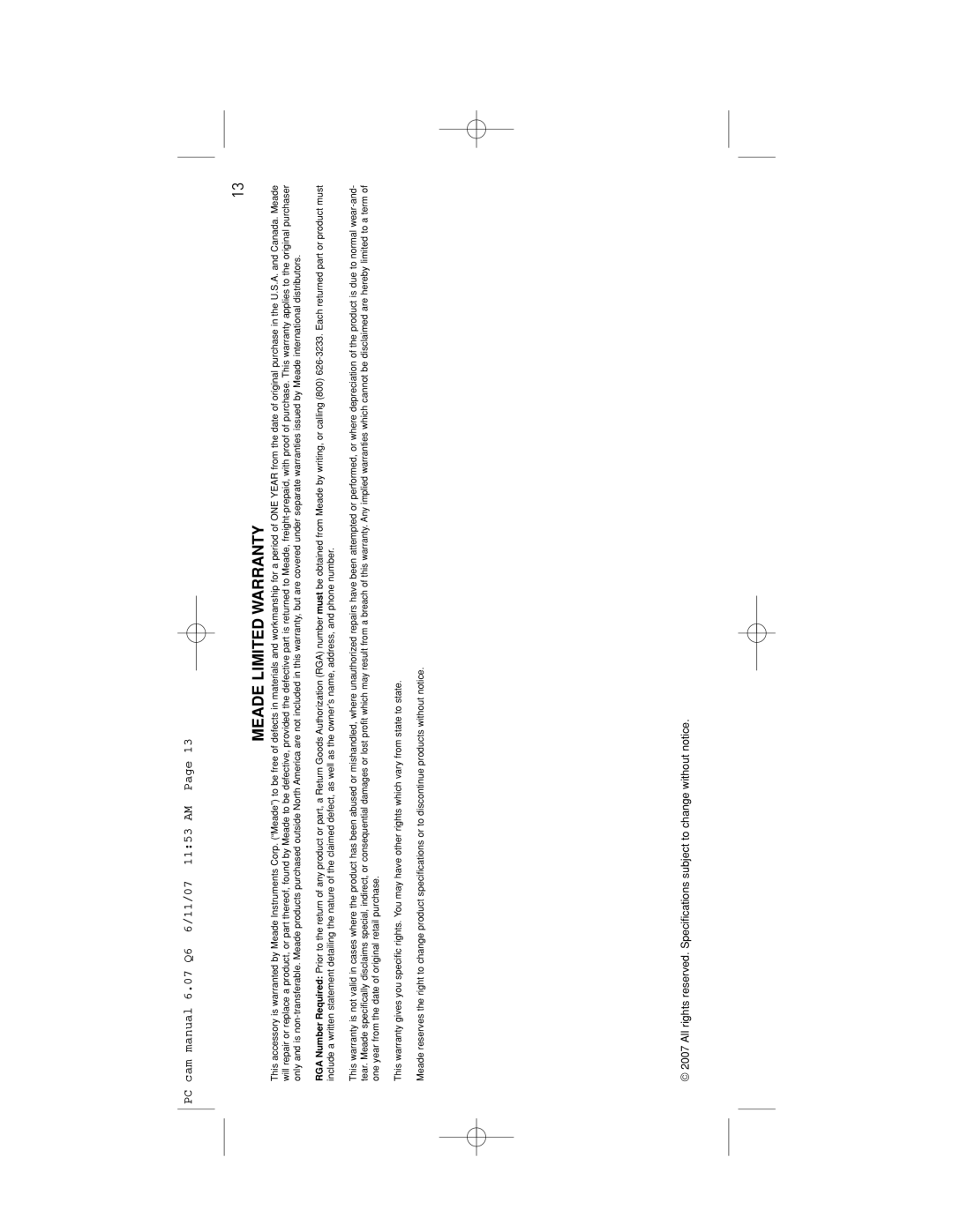 Meade 626-3233 instruction manual Meade Limited Warranty 