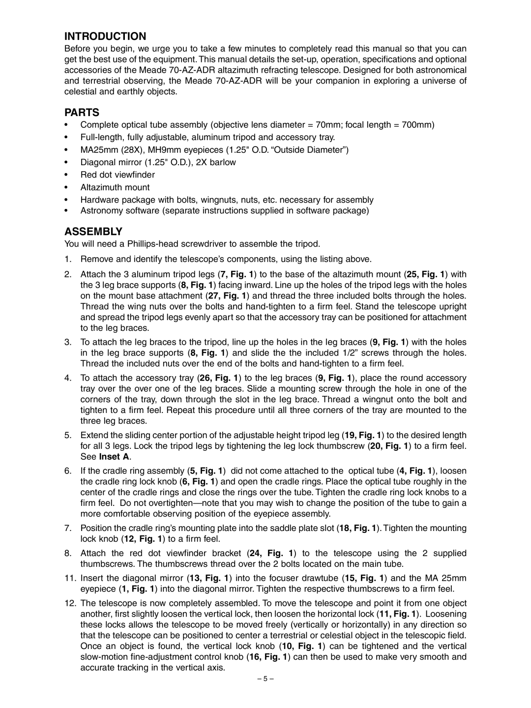 Meade 70AZ-ADR instruction manual Introduction, Parts, Assembly 