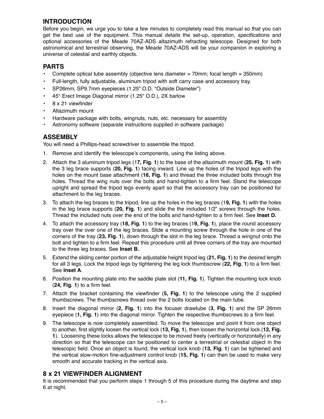 Meade 70AZ-ADS instruction manual Introduction, Parts, Assembly 