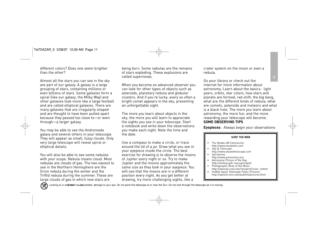 Meade 70AZ-AR instruction manual Some Observing Tips, Surf the WEB 