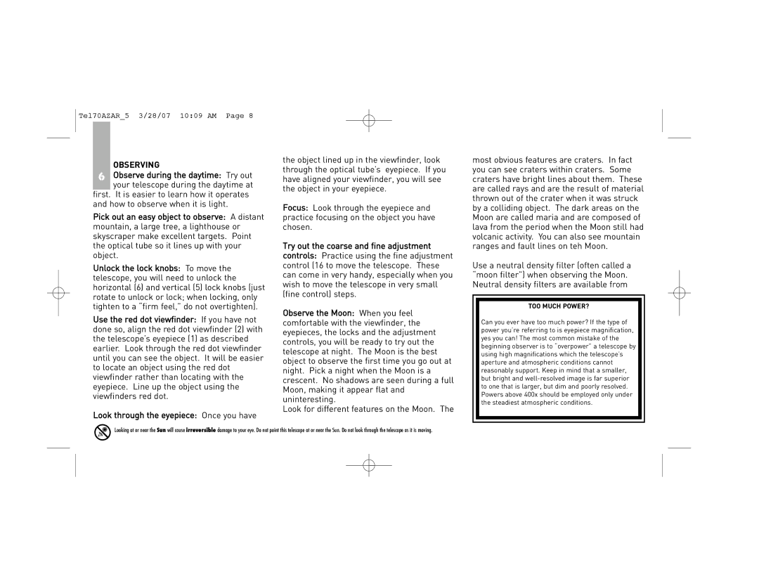 Meade 70AZ-AR instruction manual Observing, TOO Much POWER? 