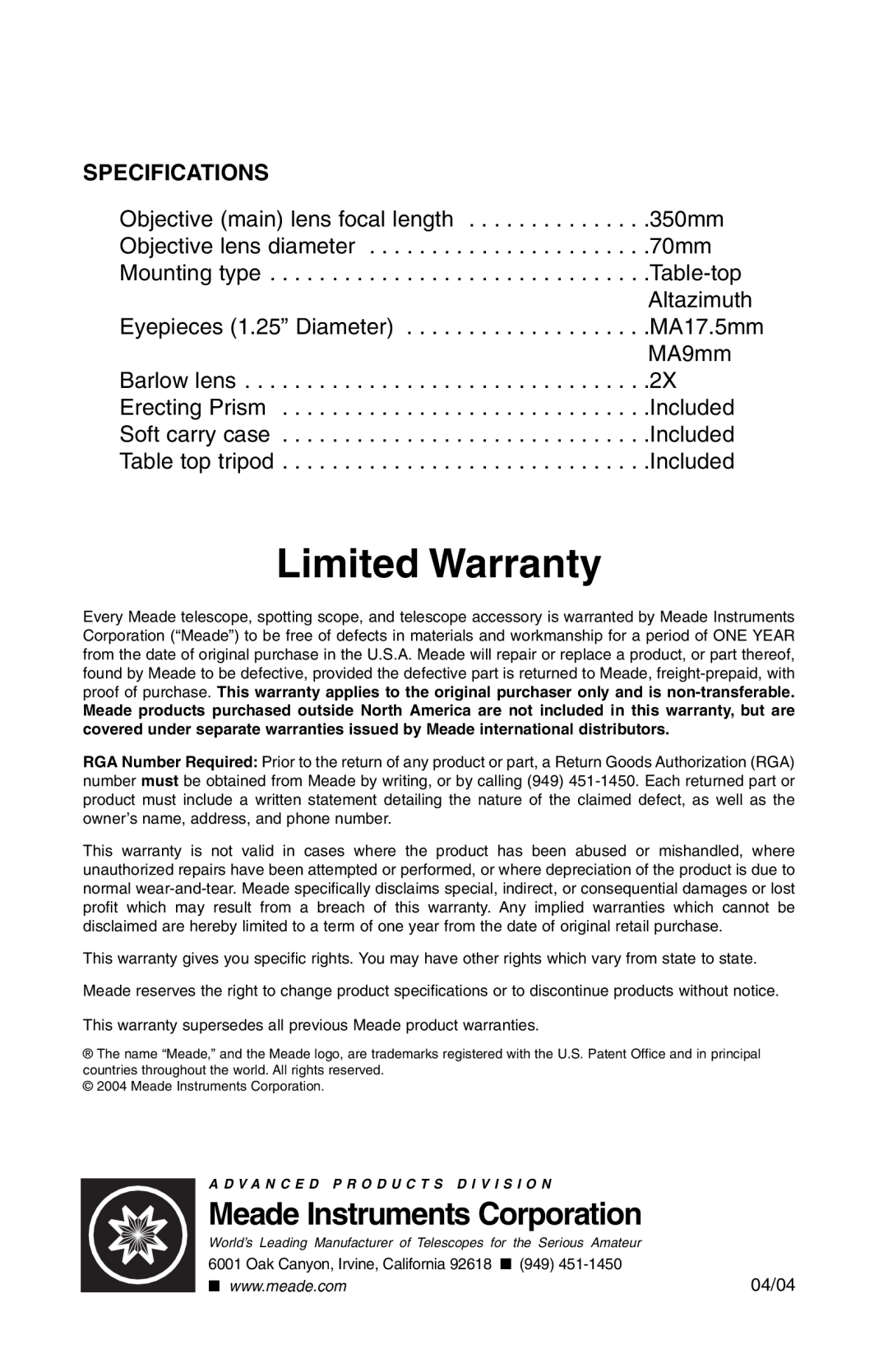 Meade 70AZ-T instruction manual Meade Instruments Corporation, Specifications, Limited Warranty 