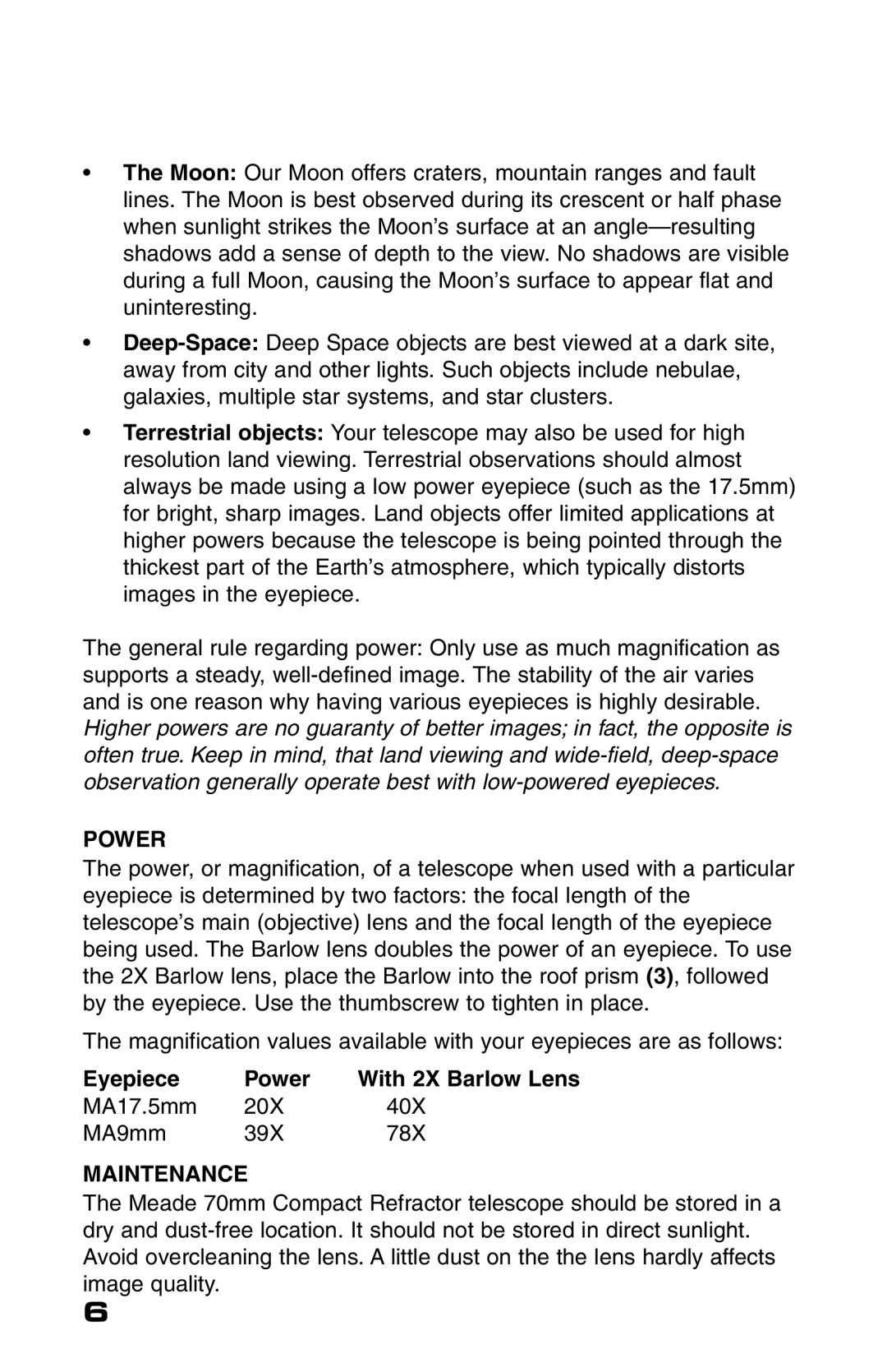 Meade 70AZ-T instruction manual Power, Maintenance 