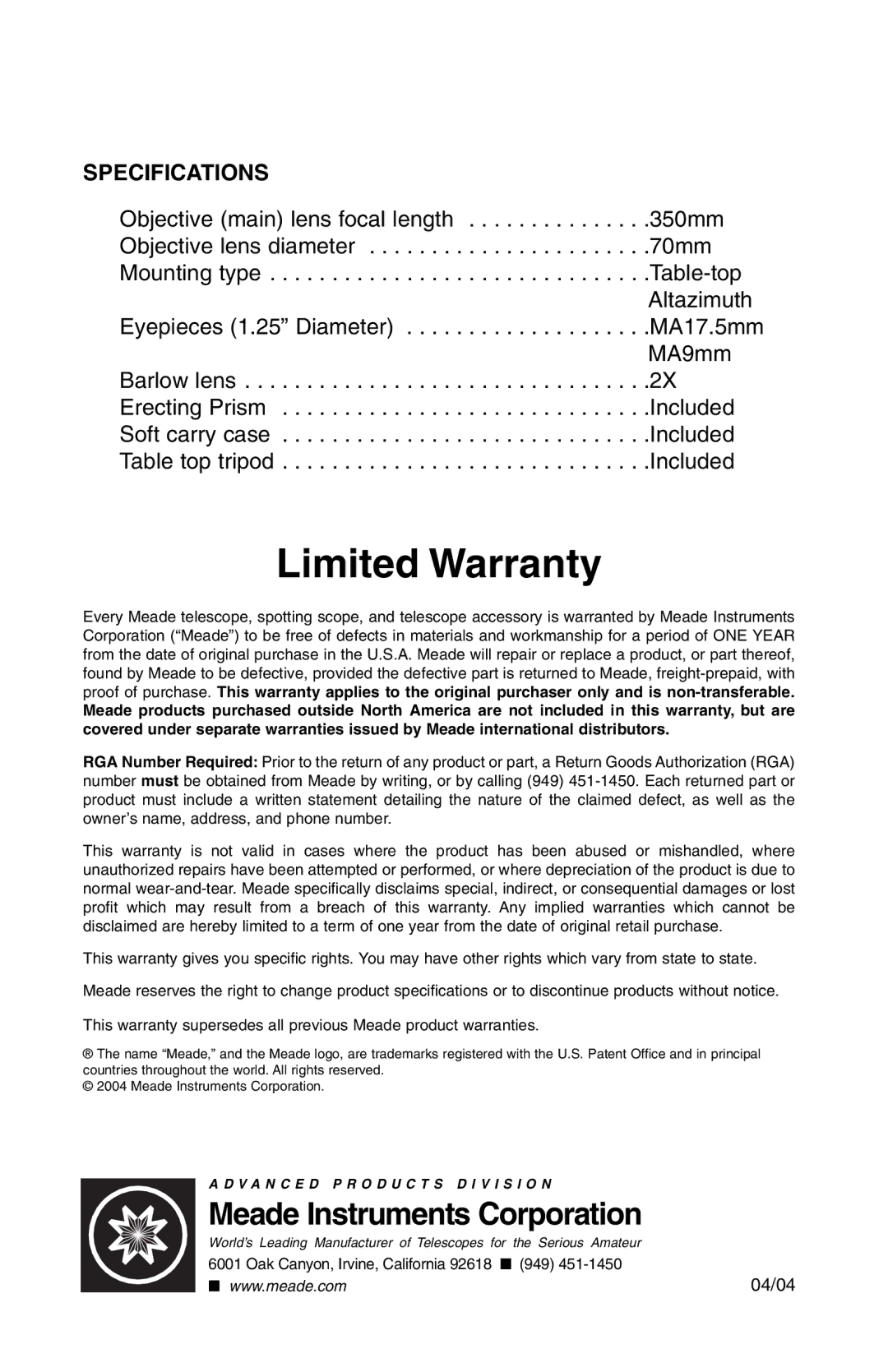 Meade 70AZ-T instruction manual Limited Warranty, Specifications 