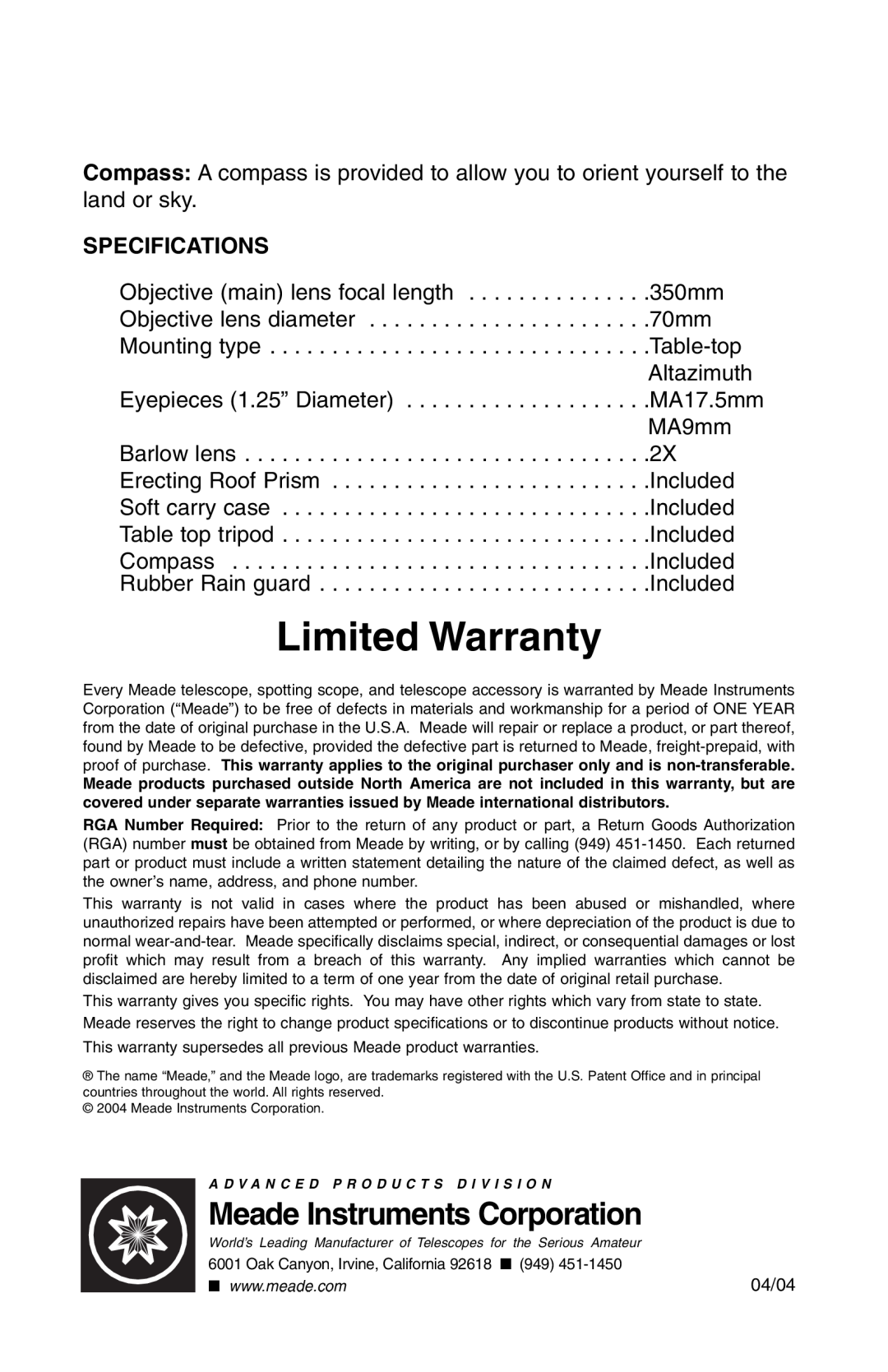Meade 70AZ-TR instruction manual Meade Instruments Corporation, Specifications, Limited Warranty 