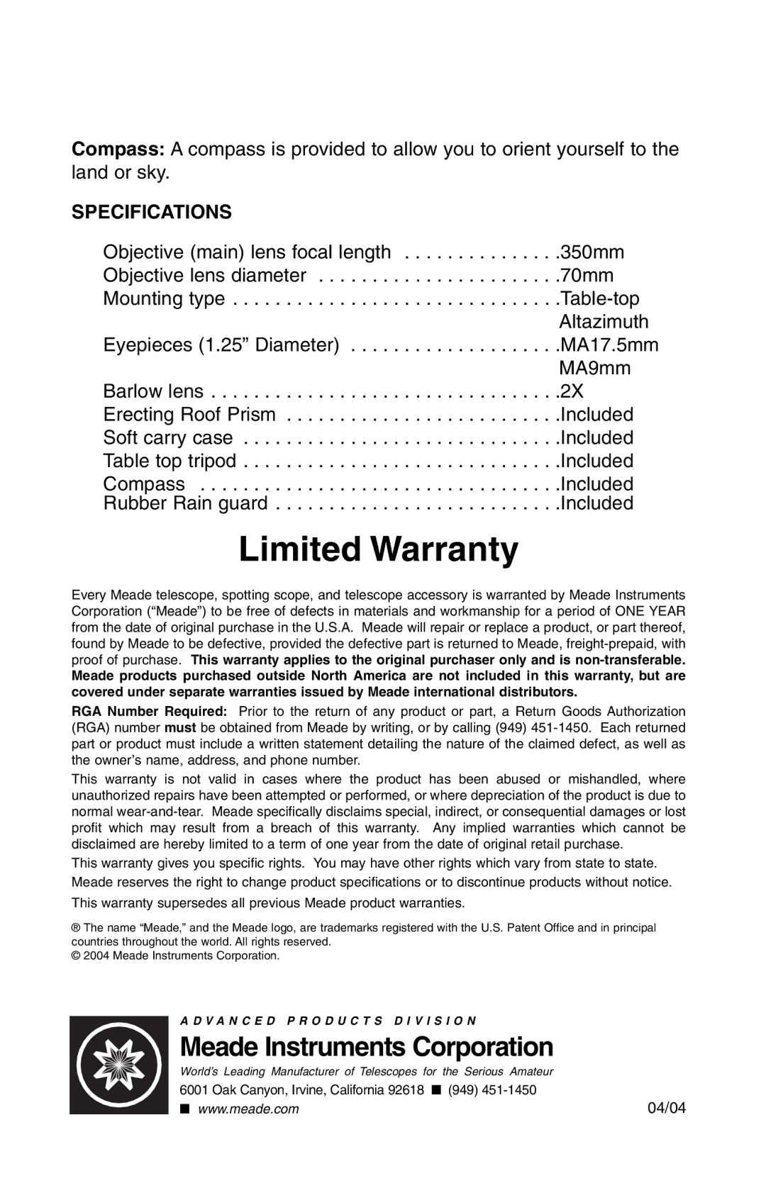 Meade 70AZ-TR instruction manual Limited Warranty, Specifications 