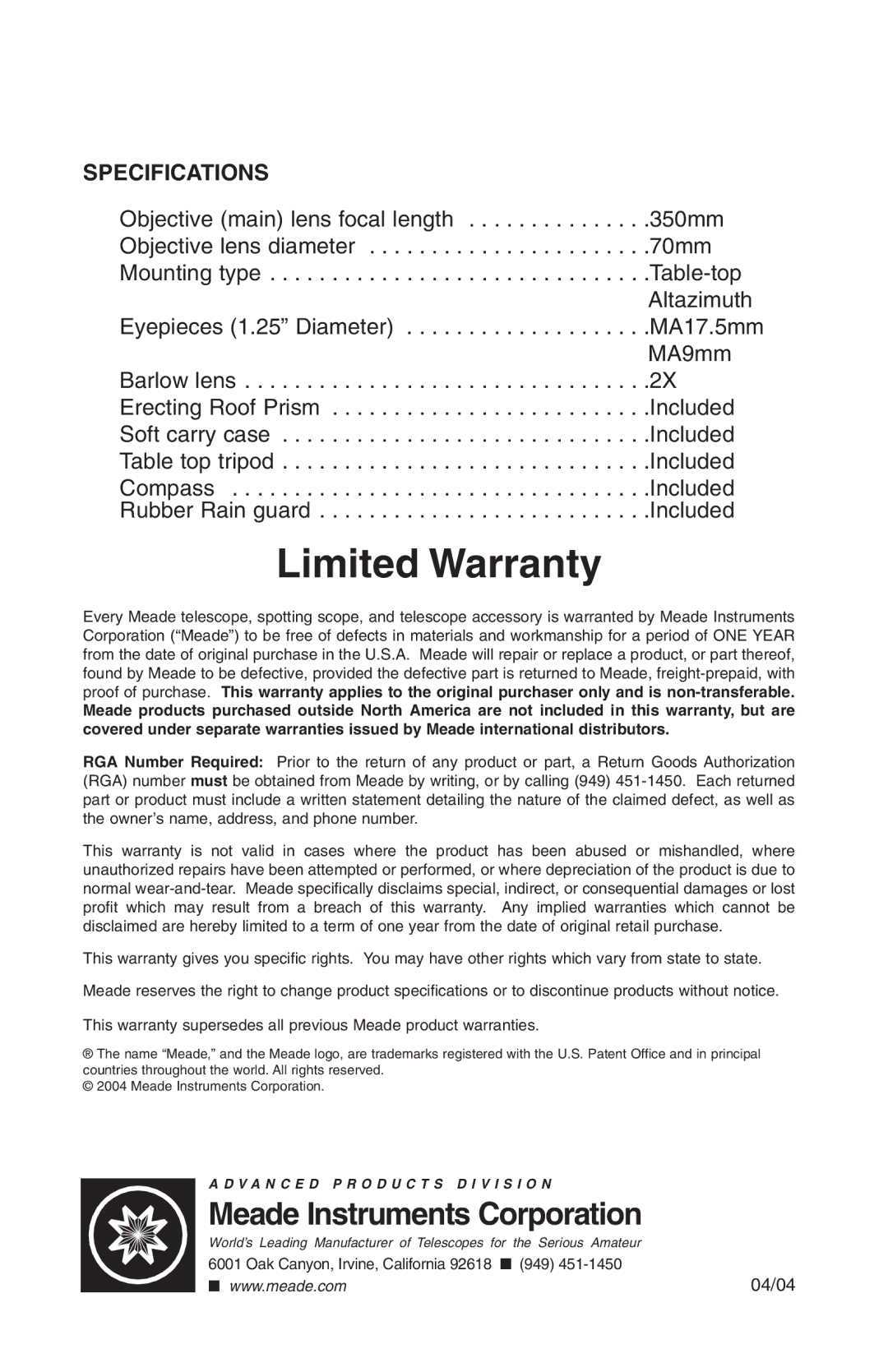 Meade 70AZ-TR instruction manual Limited Warranty, Specifications 