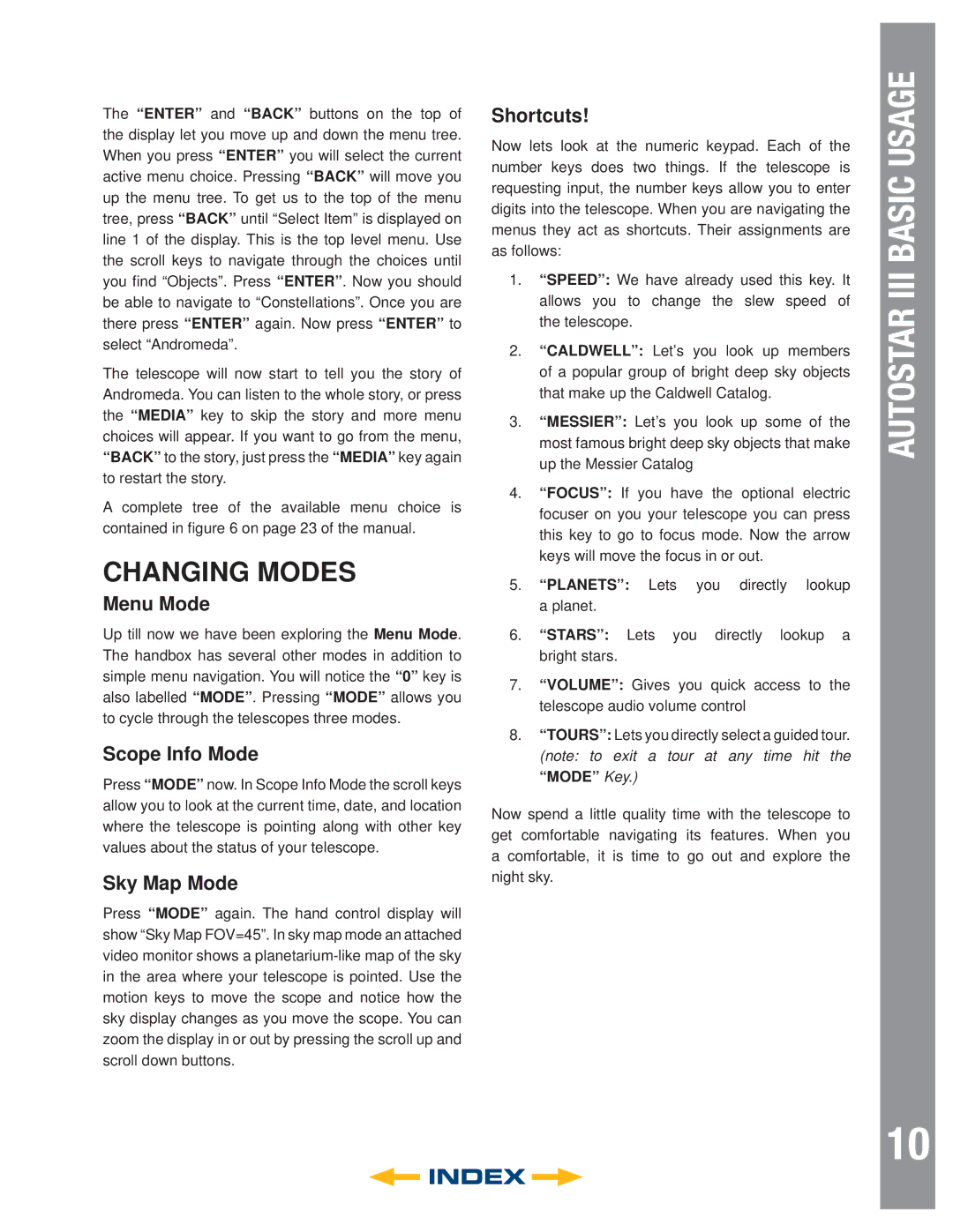 Meade 6" LS-6 SC, 8" LS-8 SC, 8" LS-8 ACF, 6" LS-6 ACF instruction manual Menu Mode, Scope Info Mode, Sky Map Mode, Shortcuts 