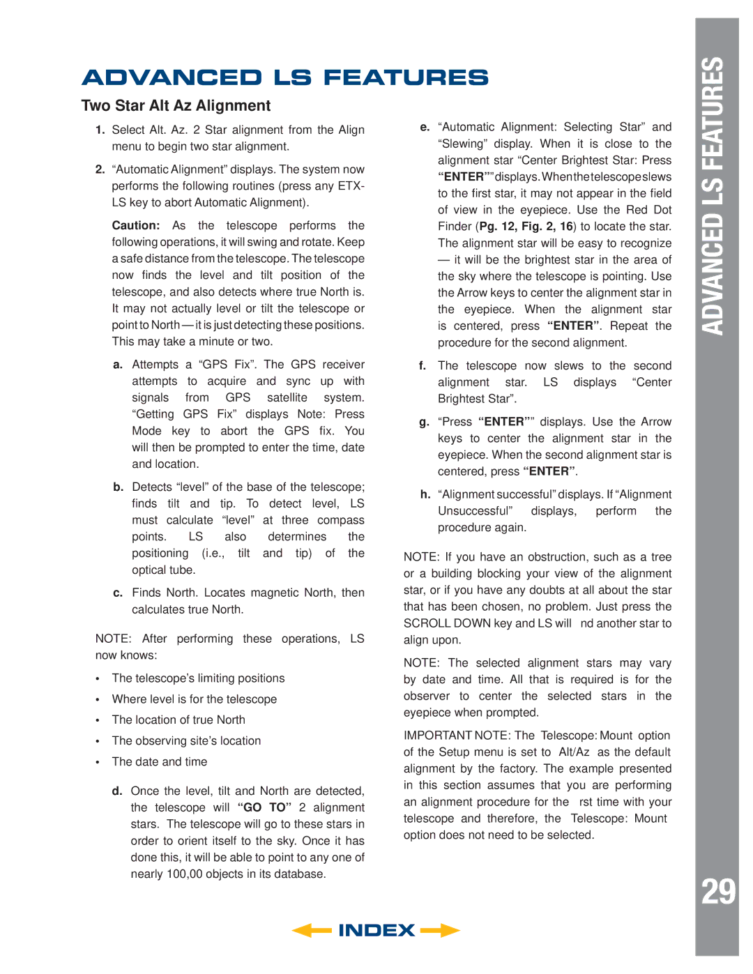 Meade 8" LS-8 ACF, 8" LS-8 SC, 6" LS-6 SC, 6" LS-6 ACF instruction manual Advanced LS Features, Two Star Alt Az Alignment 