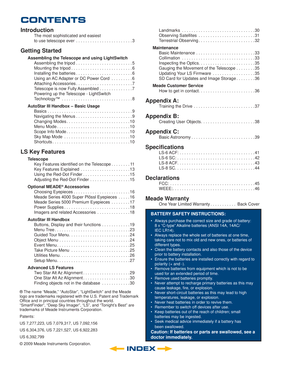 Meade 6" LS-6 ACF, 8" LS-8 SC, 8" LS-8 ACF, 6" LS-6 SC instruction manual Contents 