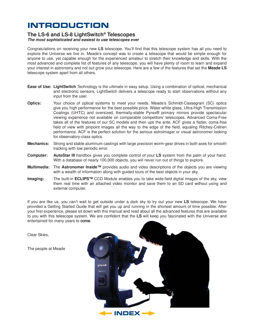 Meade 8" LS-8 SC, 8" LS-8 ACF, 6" LS-6 SC, 6" LS-6 ACF instruction manual Introduction, LS-6 and LS-8 LightSwitch Telescopes 