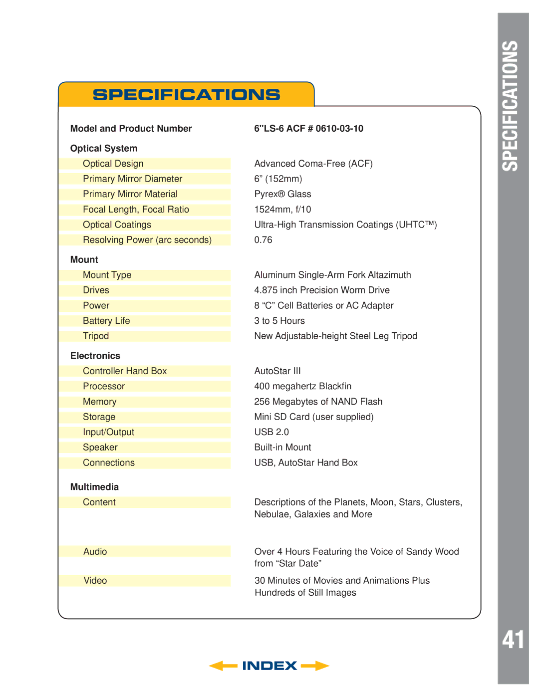 Meade 8" LS-8 ACF, 8" LS-8 SC, 6" LS-6 SC, 6" LS-6 ACF instruction manual Specifications 