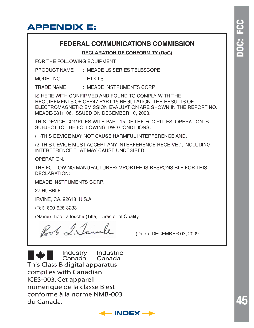 Meade 8" LS-8 ACF, 8" LS-8 SC, 6" LS-6 SC, 6" LS-6 ACF instruction manual Doc Fcc, Appendix E 