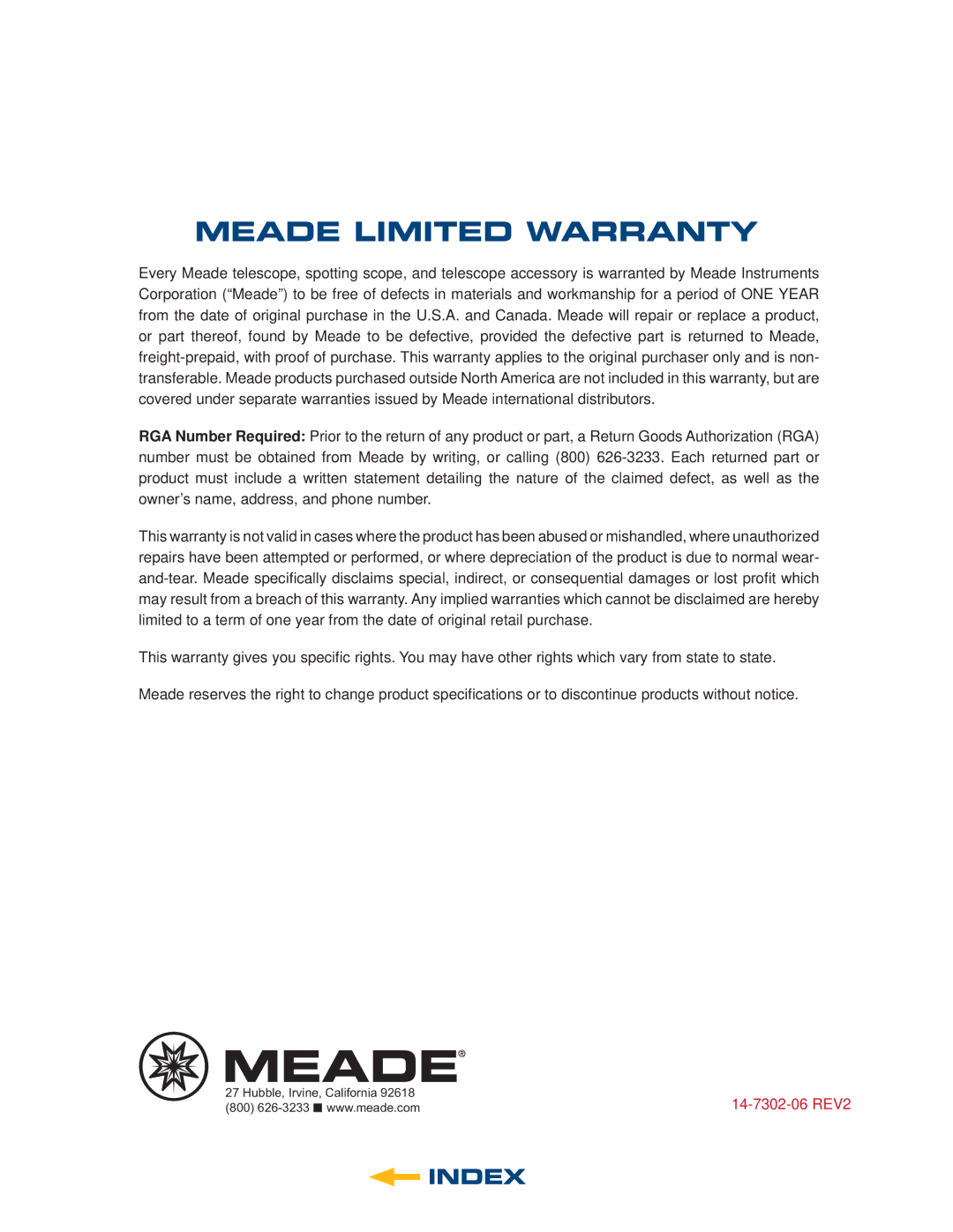 Meade 6" LS-6 ACF, 8" LS-8 SC, 8" LS-8 ACF, 6" LS-6 SC instruction manual Meade Limited Warranty 