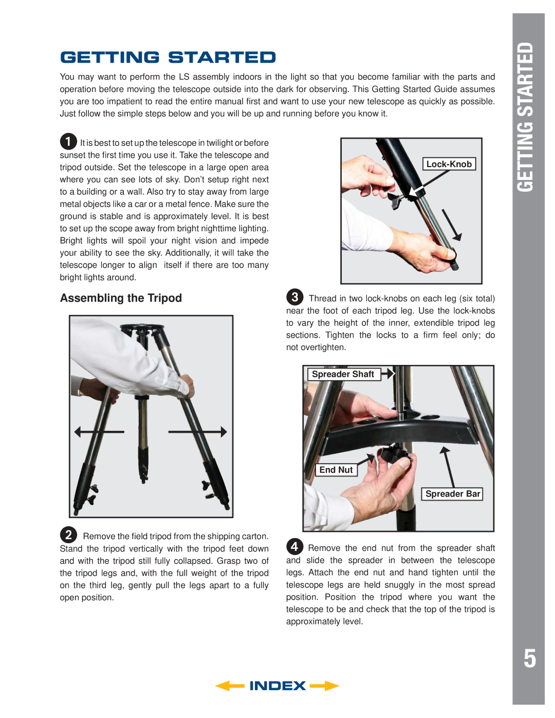 Meade 8" LS-8 ACF, 8" LS-8 SC Getting Started, Assembling the Tripod, Lock-Knob, Spreader Shaft End Nut Spreader Bar 