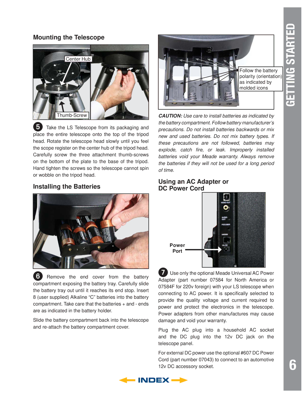 Meade 6" LS-6 SC Mounting the Telescope, Installing the Batteries, Using an AC Adapter or DC Power Cord, Power Port 