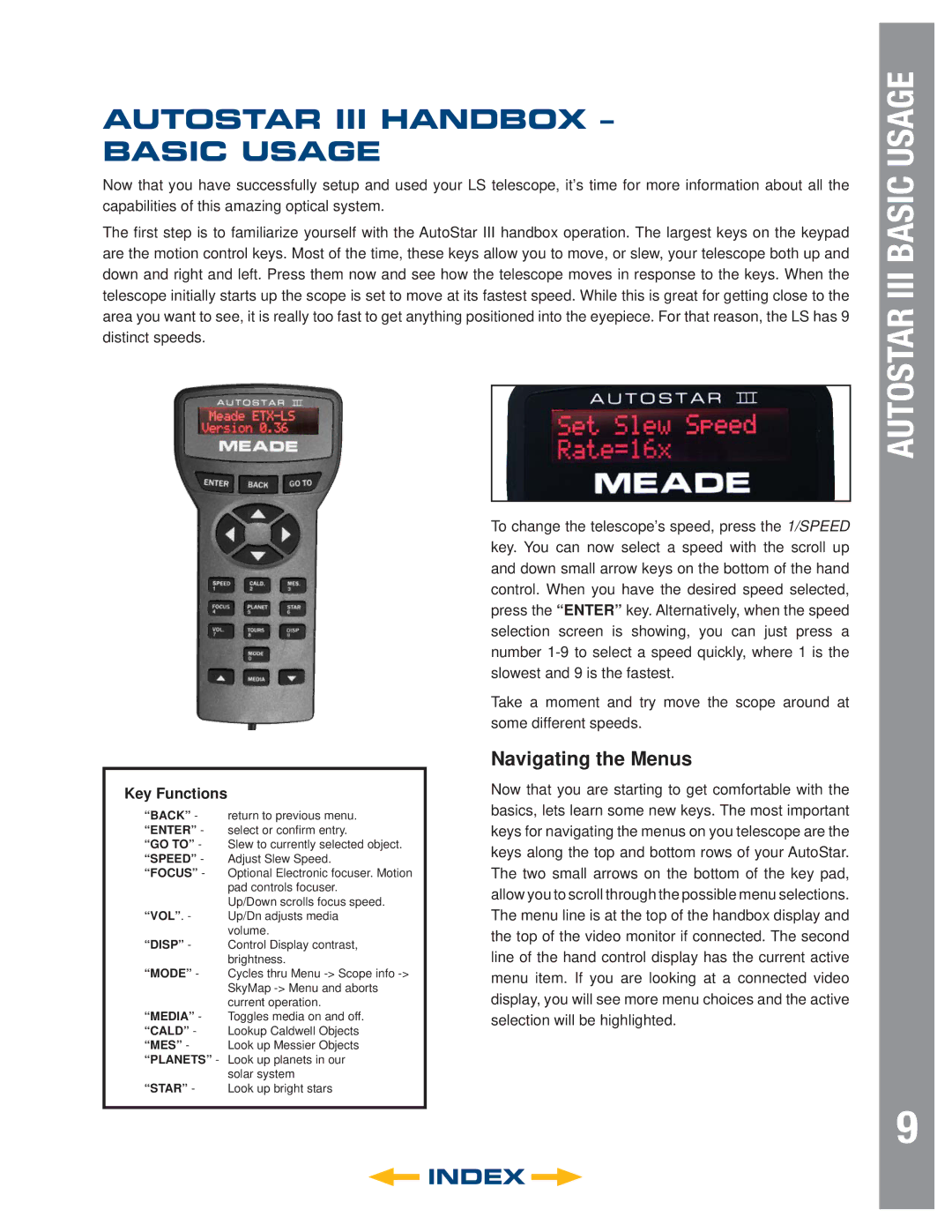 Meade 8" LS-8 ACF, 8" LS-8 SC, 6" LS-6 SC, 6" LS-6 ACF Autostar III Handbox Basic Usage, Navigating the Menus, Key Functions 