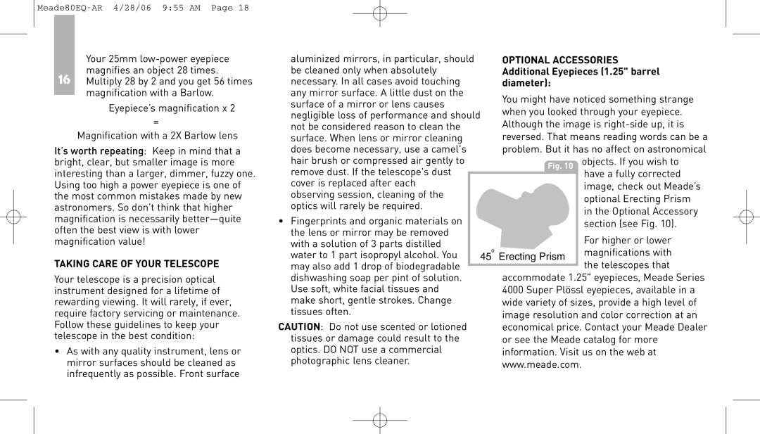 Meade 80EQ-AR instruction manual Erecting Prism 